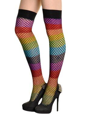 Angelina Double Layer Rainbow Fishnet Thigh High Stockings Tights | One Size